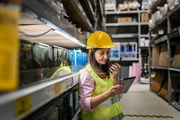 Female warehouse worker in a yellow hard hat and safety vest using a handheld radio and tablet among tall shelves filled with boxes.