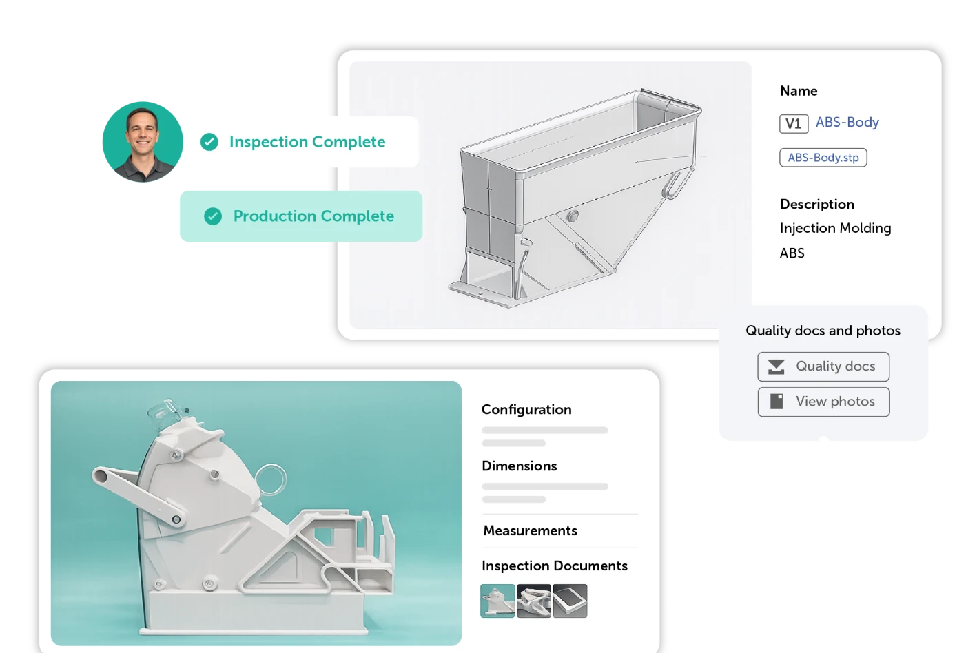 Dashboard-style infographic showing CAD renderings and status badges: 'Inspection Complete' and 'Production Complete', with a profile image on the left and a product panel on the right.