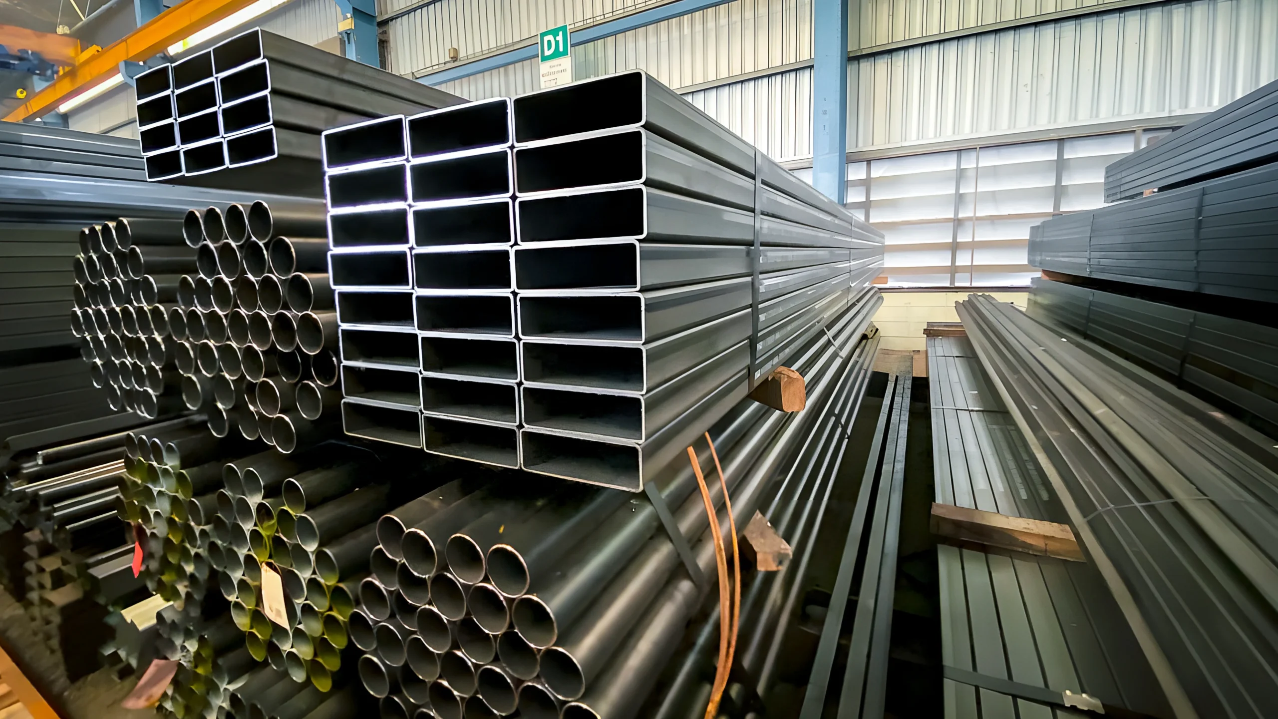 Stacks of metal piping in a warehouse, with rectangular and round steel tubes neatly stacked on racks and pallets under a high ceiling.