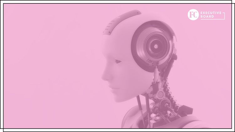 Side profile of a white humanoid robot with exposed circuitry and a large circular ear unit, pink-tinted image; FC Executive Board logo in the corner.