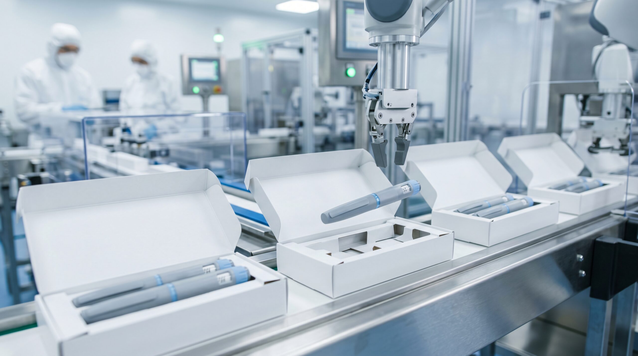 Medical device clearnroom manufacturing - Fictiv Robotic arm packaging medical devices in sterile cleanroom production facility