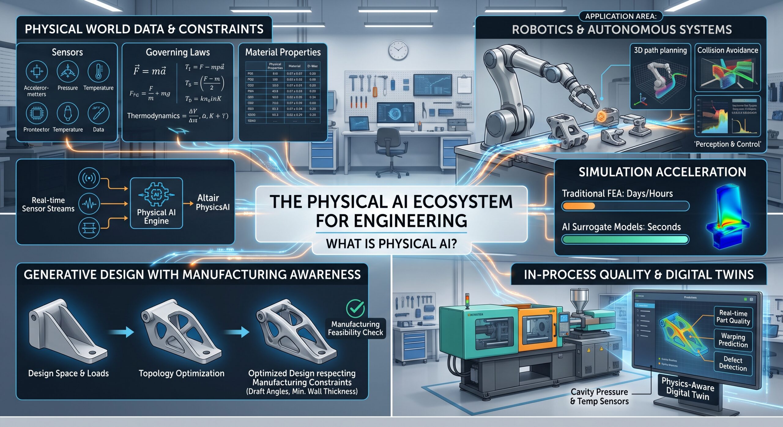Physical AI Hero - Fictiv infographic showing the physical AI ecosystem for engineering with panels on sensors, governing laws, material properties, robotics, and simulation acceleration in a lab setting.