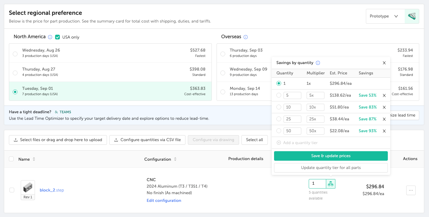 Panel to choose regional price options (North America and Overseas) with date rows and prices; highlighted cost‑effective option on Tue, Sep 01.