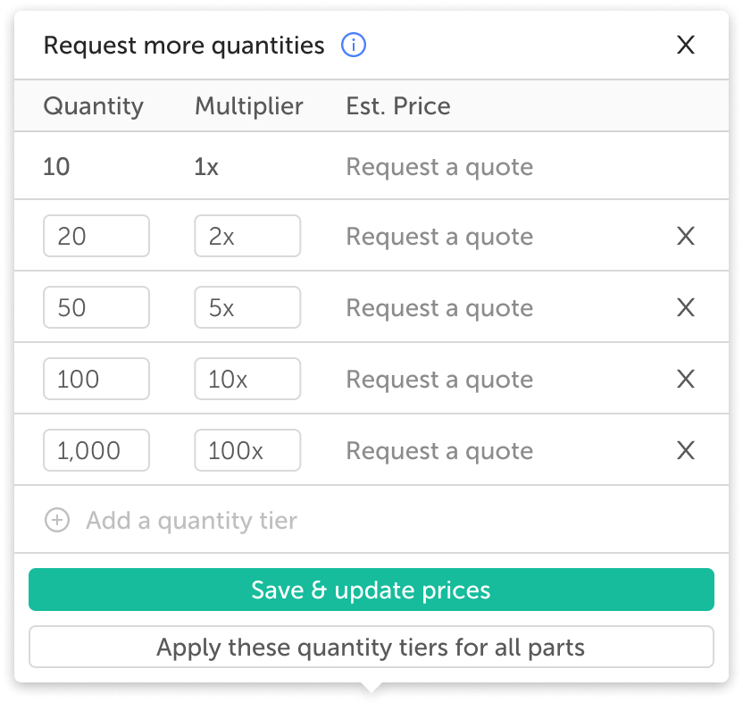 Popup: Request more quantities modal showing tiers 10 (1x), 20 (2x), 50 (5x), 100 (10x), 1,000 (100x) with 'Request a quote' and remove icons.