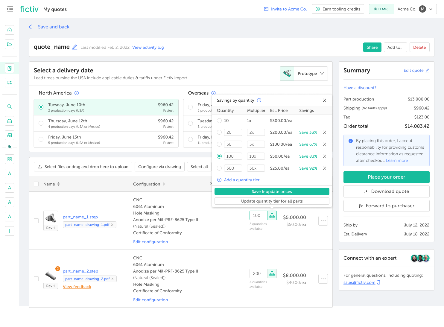 Fictiv quote editor with delivery date options, quantity tier dialog, and an order summary panel on the right (Place your order).