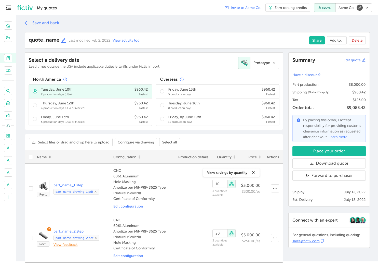 Screenshot of a quote editor UI showing delivery-date options, item list, and a right-side order summary with a green 'Place your order' button and 'Download quote' option.