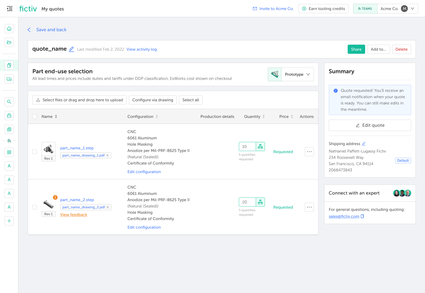 Quote editing page showing two product parts with configurations and quantity controls on a light UI panel.