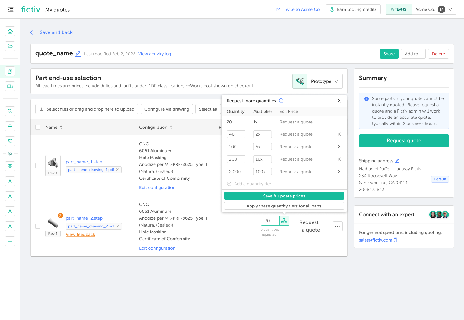 Quote management screen showing parts list, configuration details, and a quantity tier modal for requesting quotes (20–2,000 units).