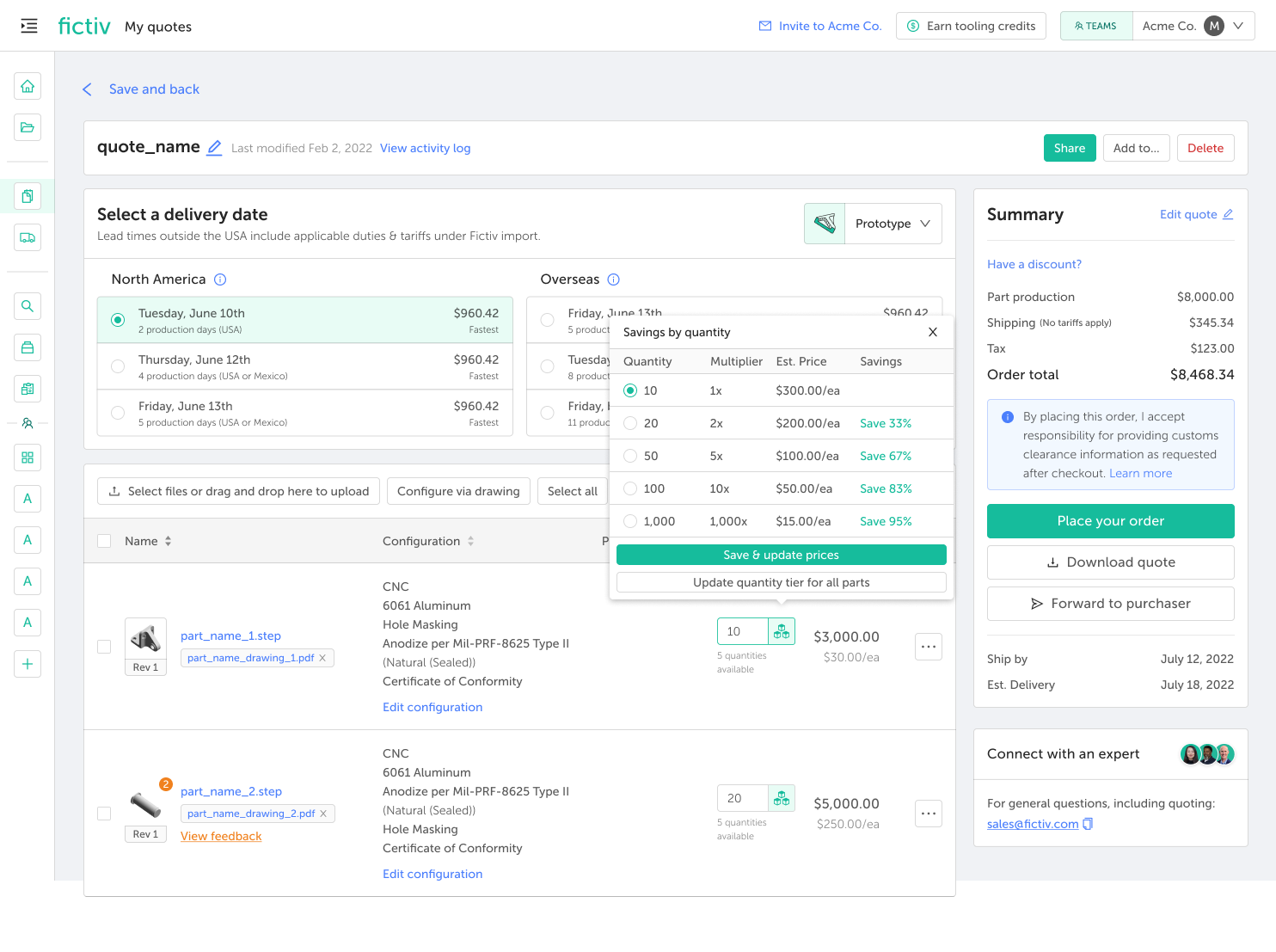 Screenshot of the Fictiv quote editor UI showing the delivery date picker, a quantity savings popup, and a right-hand order summary panel.
