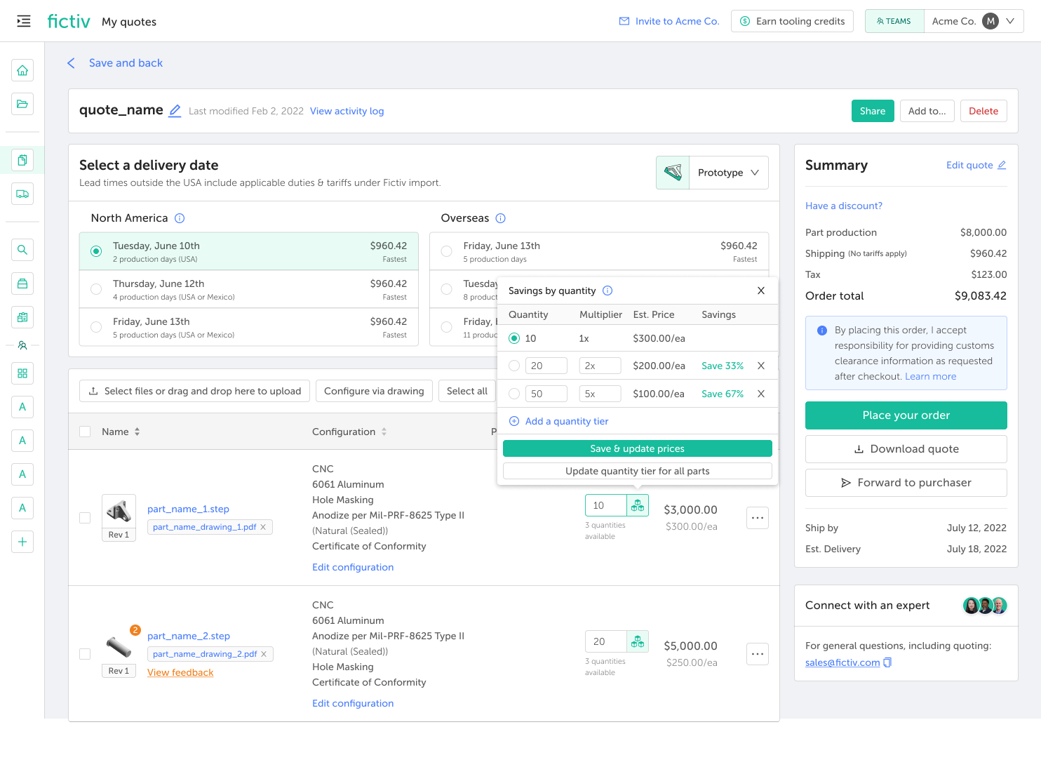 Quote editing screen with delivery date options, item list, and order summary on the right