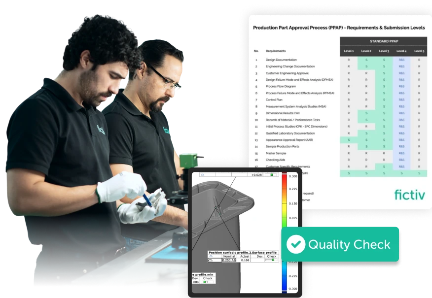 Fictiv manufacturing engineers reviewing a part with in-process quality check