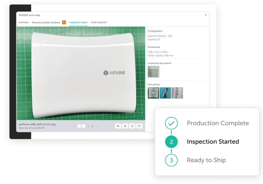 Fictiv order tracking with inspection status and shipment progress
