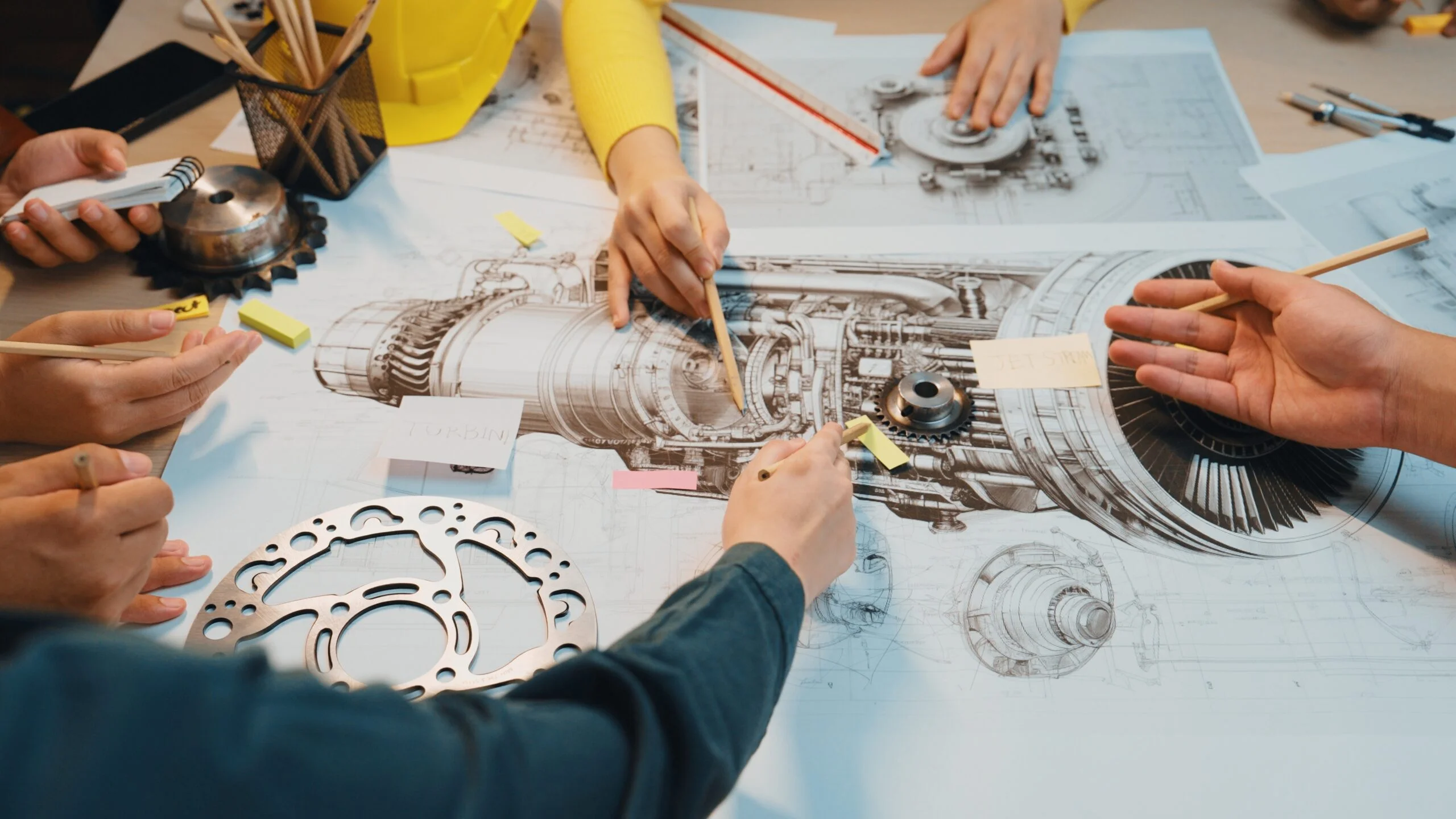 Collaborative Engineering Session with Hands Working on Technical Drawings of Jet Engine and Mechanical Components SACTR - Fictiv Aerospace design and manufacturing