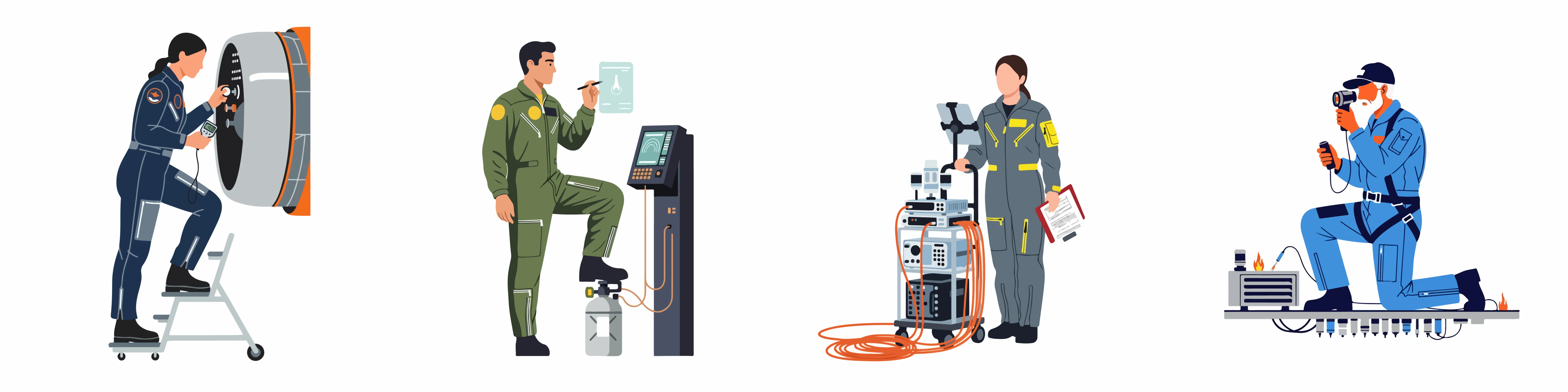 Set of aerospace engineers and technicians performing technical maintenance diagnostics and inspections on aircraft components and advanced equipment in a professional setting - Fictiv Aerospace quality standards require inspection