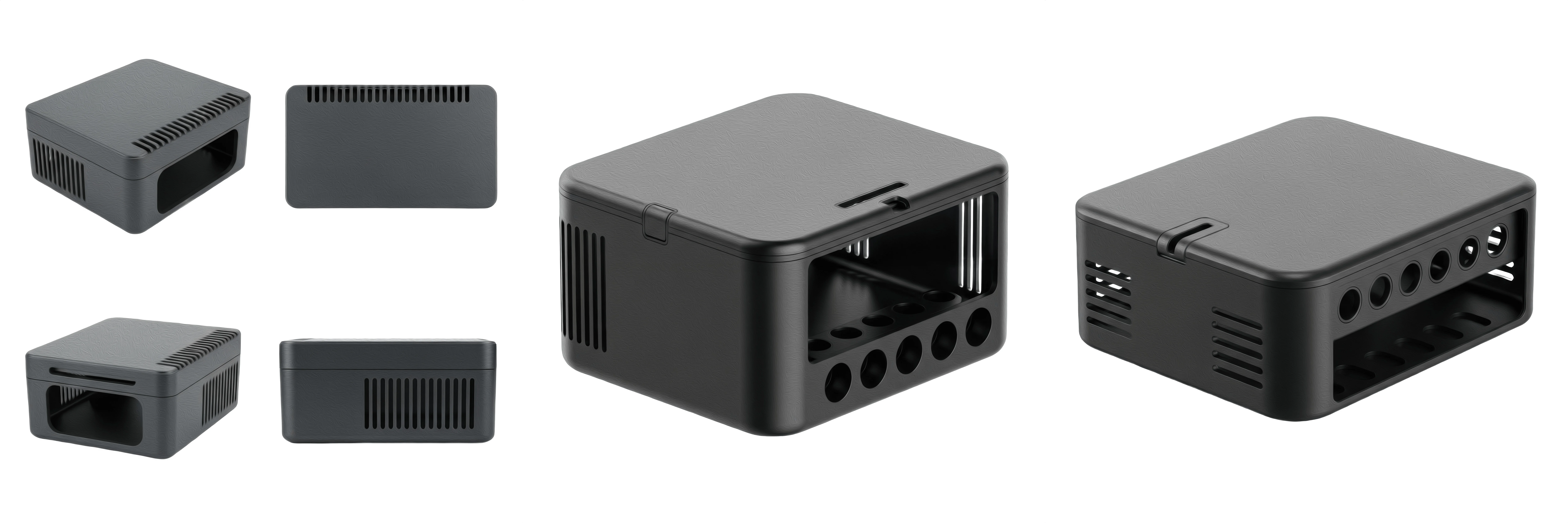 Set and collection of black plastic enclosure cases for electronic components and microcontrollers isolated on white transparent png background - Fictiv Most consumer electronics enclosures are manufactured to be flame-retardant