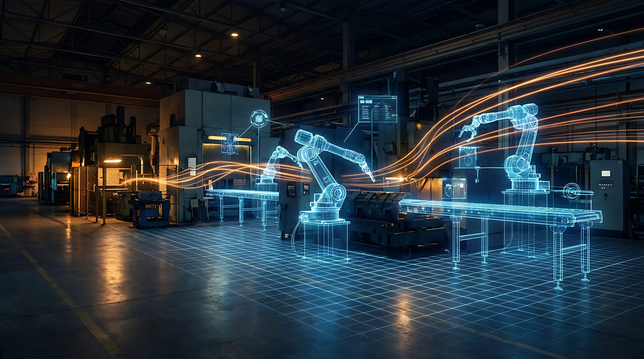 Futuristic factory automation with glowing digital wireframe robotic arms on production line advanced manufacturing technology industrial innovation smart factory concept - Fictiv Industrial AI Manufacturing