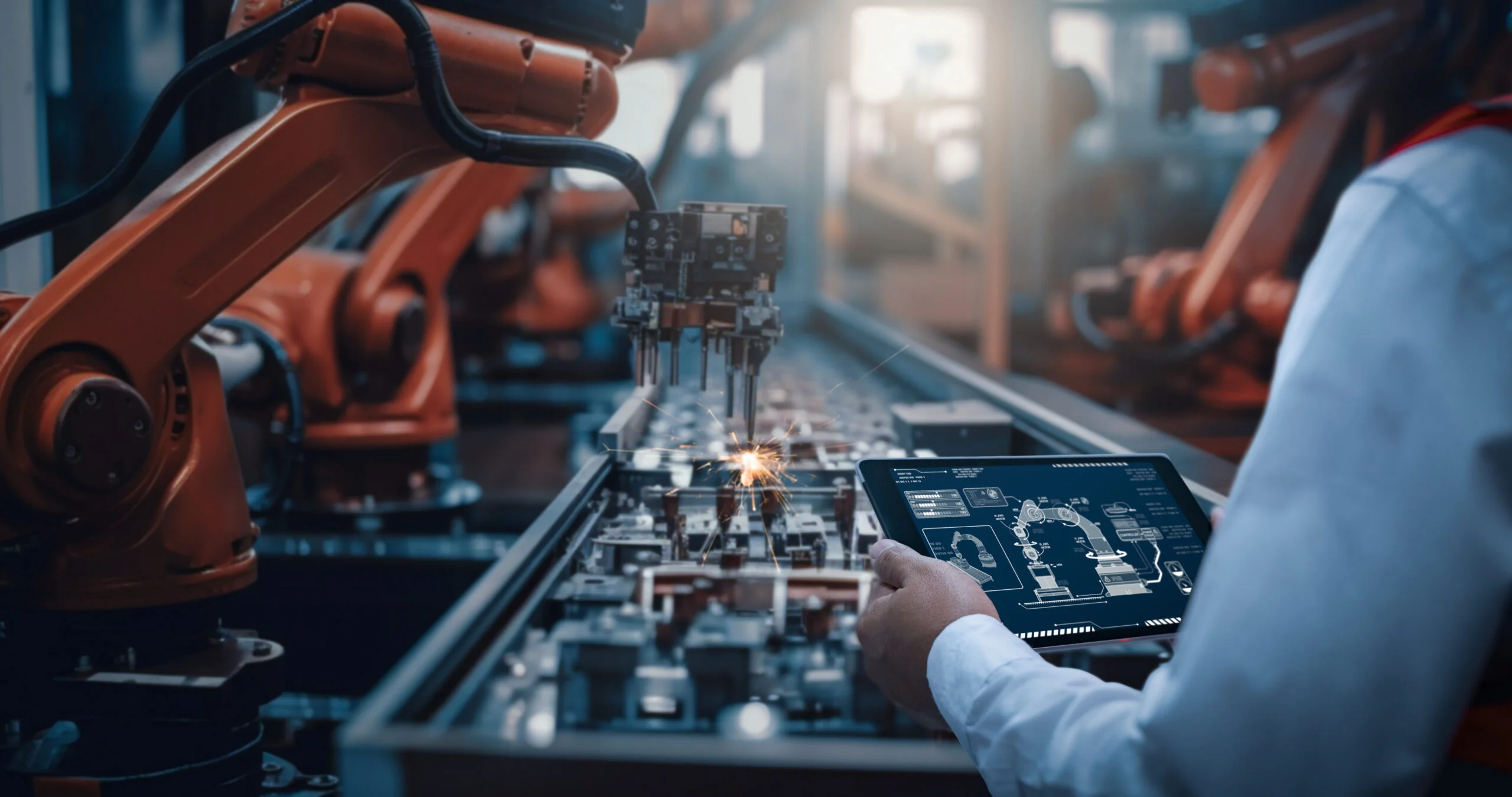 Engineers test the control of robot arm Intelligent machine in factory industrial on real-time monitoring system software Robots weld workpieces and produce industrial parts to reduce human labor - Fictiv Industrial AI Supply Chain