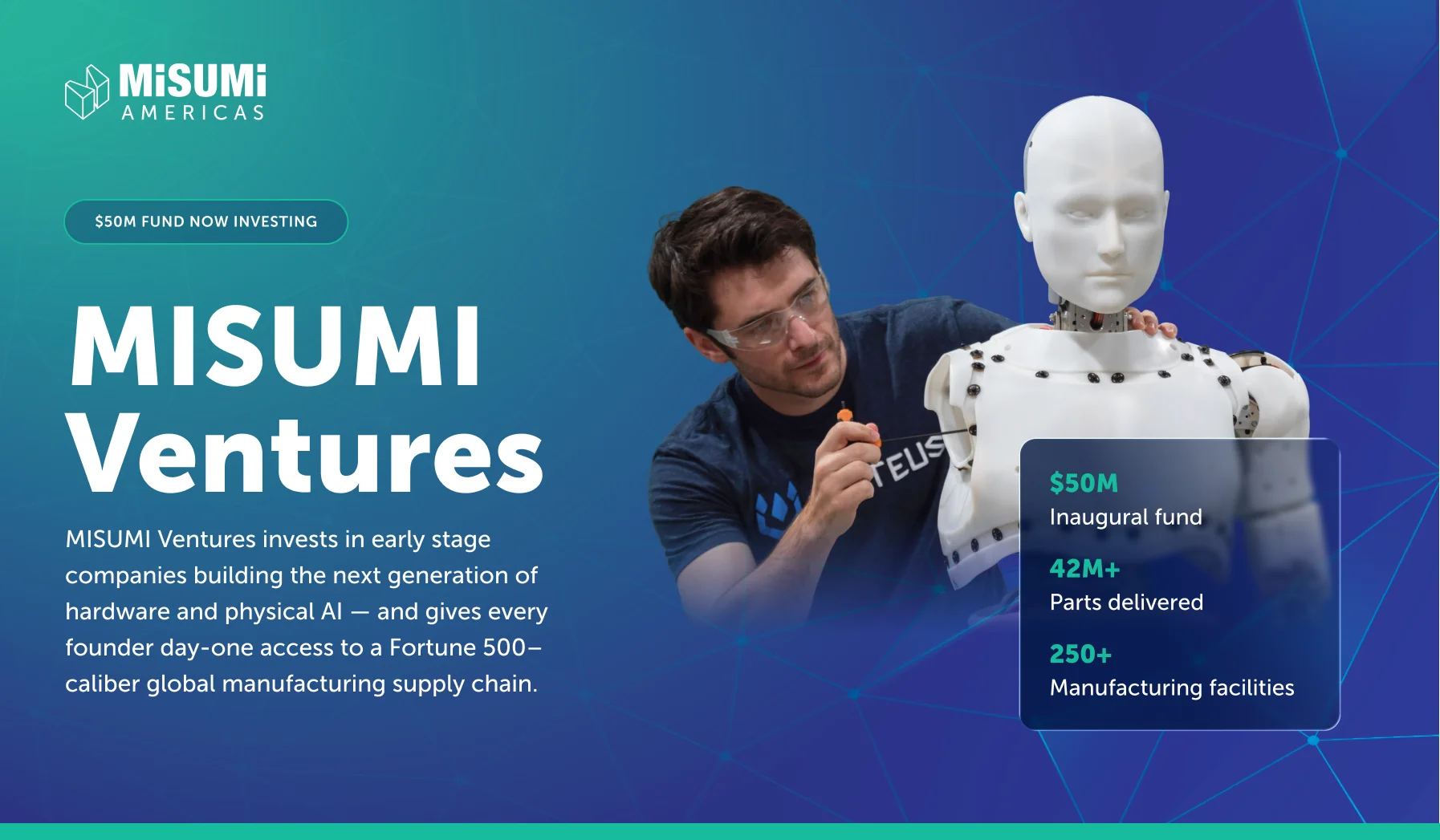 PR Image_2 - Fictiv Engineer in safety goggles adjusts a white humanoid robot against a blue gradient, MISUMI Ventures branding visible on the left.