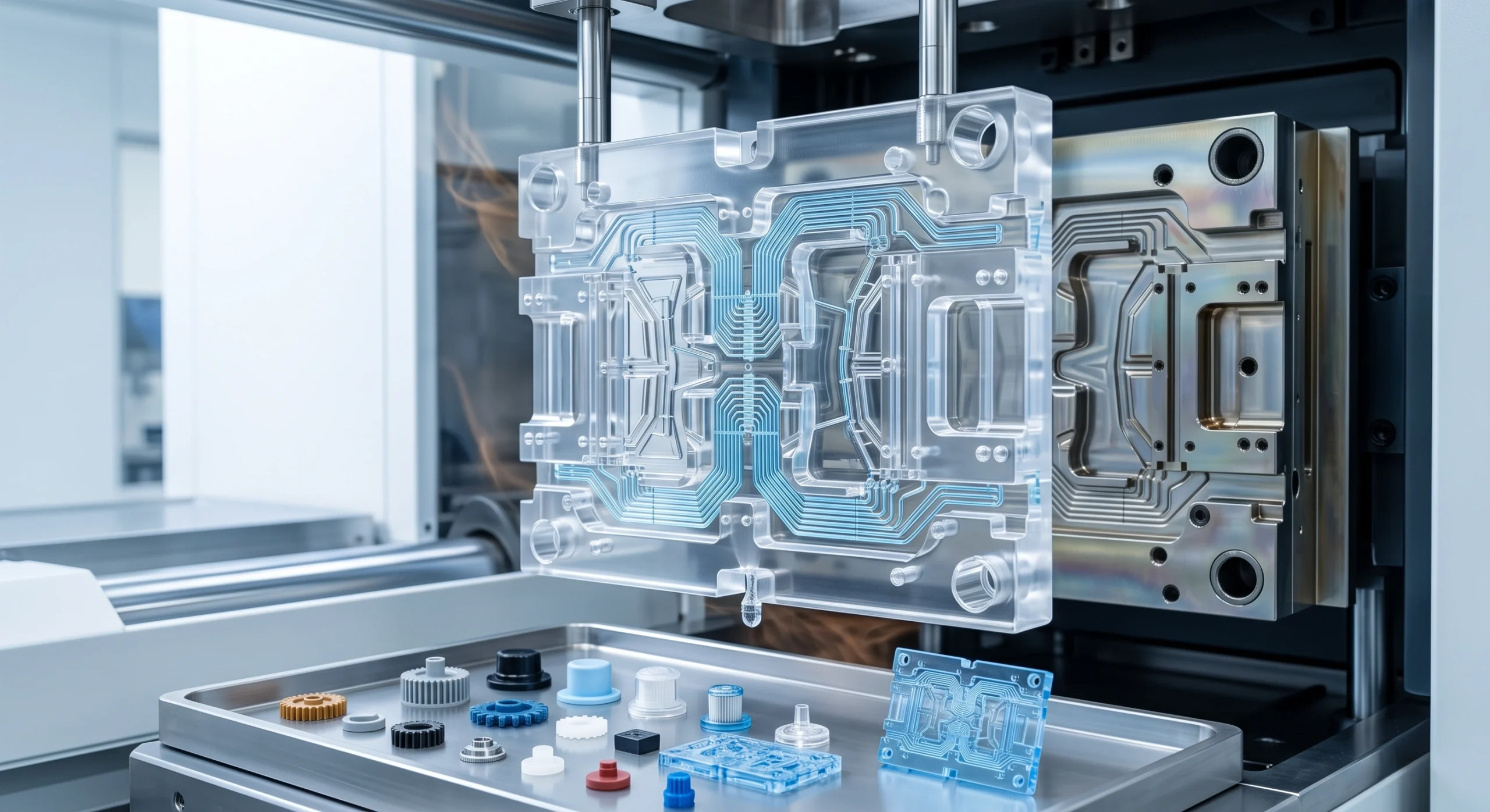 Transparent high‑tech mold with blue circuit-like channels on a metal machine, plus colorful spacer gears on a tray nearby (industrial manufacturing scene).