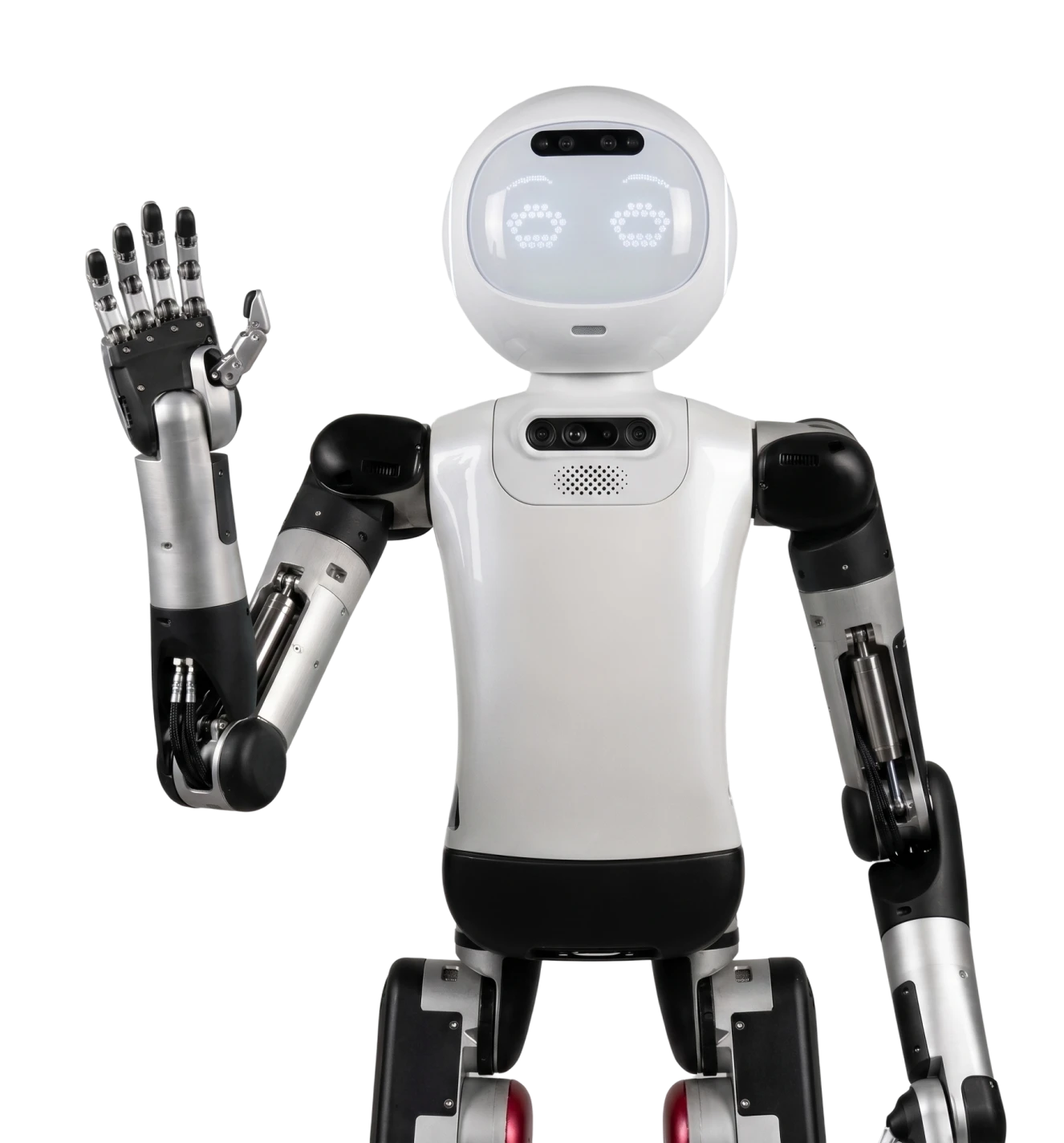 White humanoid robot waving with its left hand, showing metal joints and a glossy white torso and head.