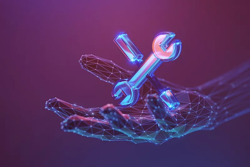 Neon blue wrench and screwdriver crossed above a geometric wireframe hand, symbolizing tech maintenance on a purple background.
