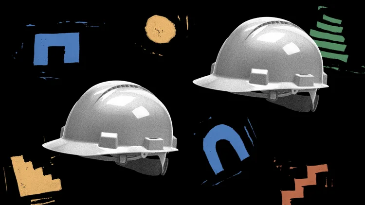 Two gray hard hats floating on a black background with colorful abstract shapes, suggesting construction safety messaging.