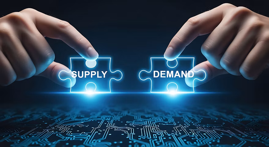Two glowing puzzle pieces labeled 'SUPPLY' and 'DEMAND' being aligned above a circuit board background, illustrating market balance.