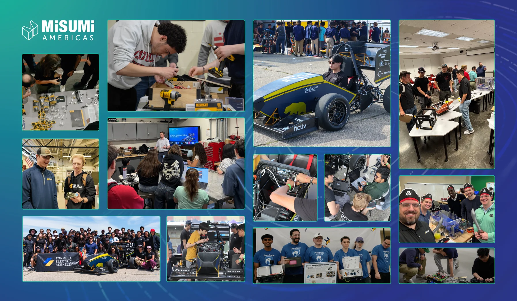 Collage of students and teams at a MiSUMi Americas robotics event, showing workshops, race cars, and group photos with banners and equipment.