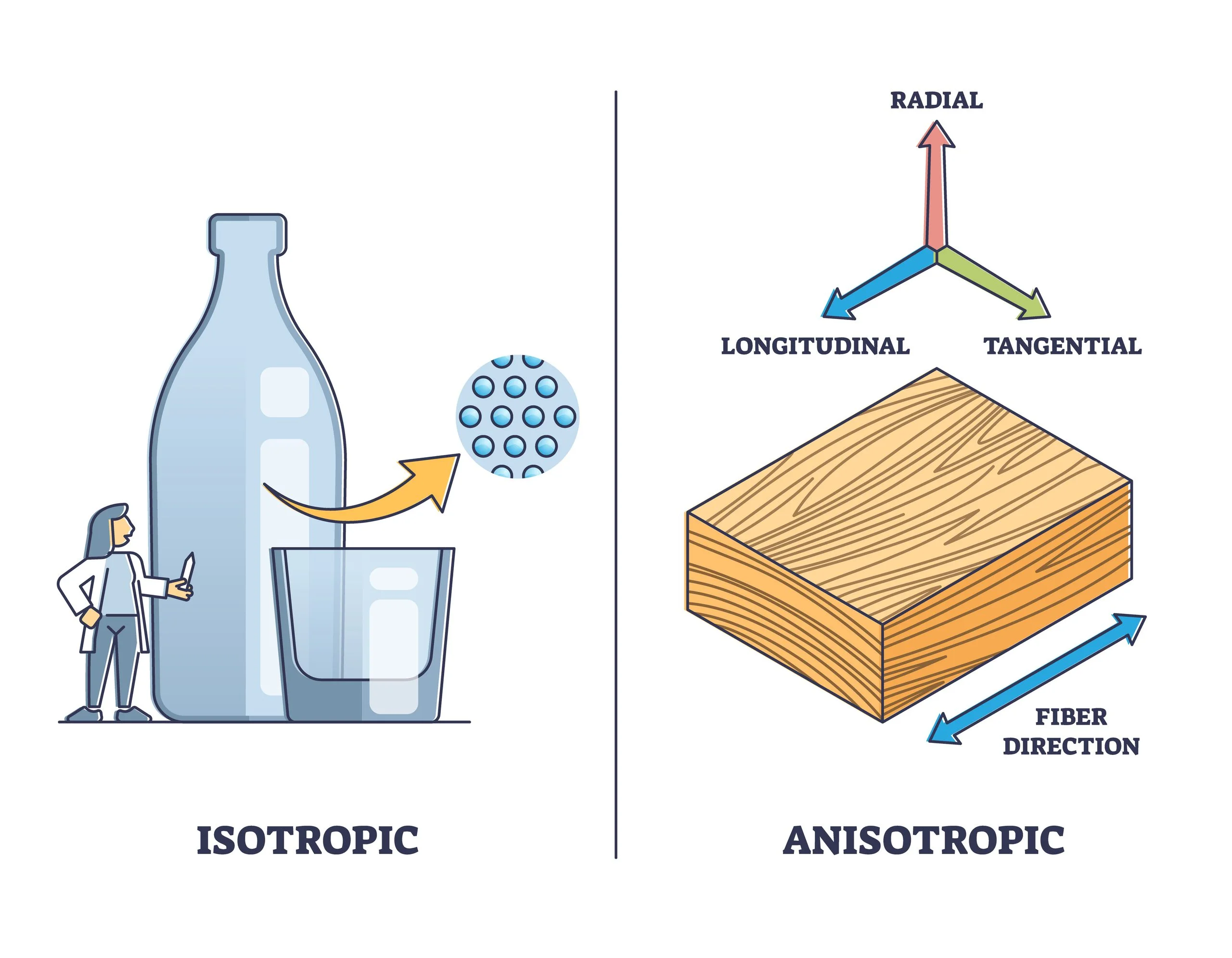 Isotropic vs anisotropic material substance properties outline diagram Labeled educational matter radial longitudinal tangential and fiber direction characteristics explanation vector illustration - Fictiv Isotropic vs anisotropic comparison
