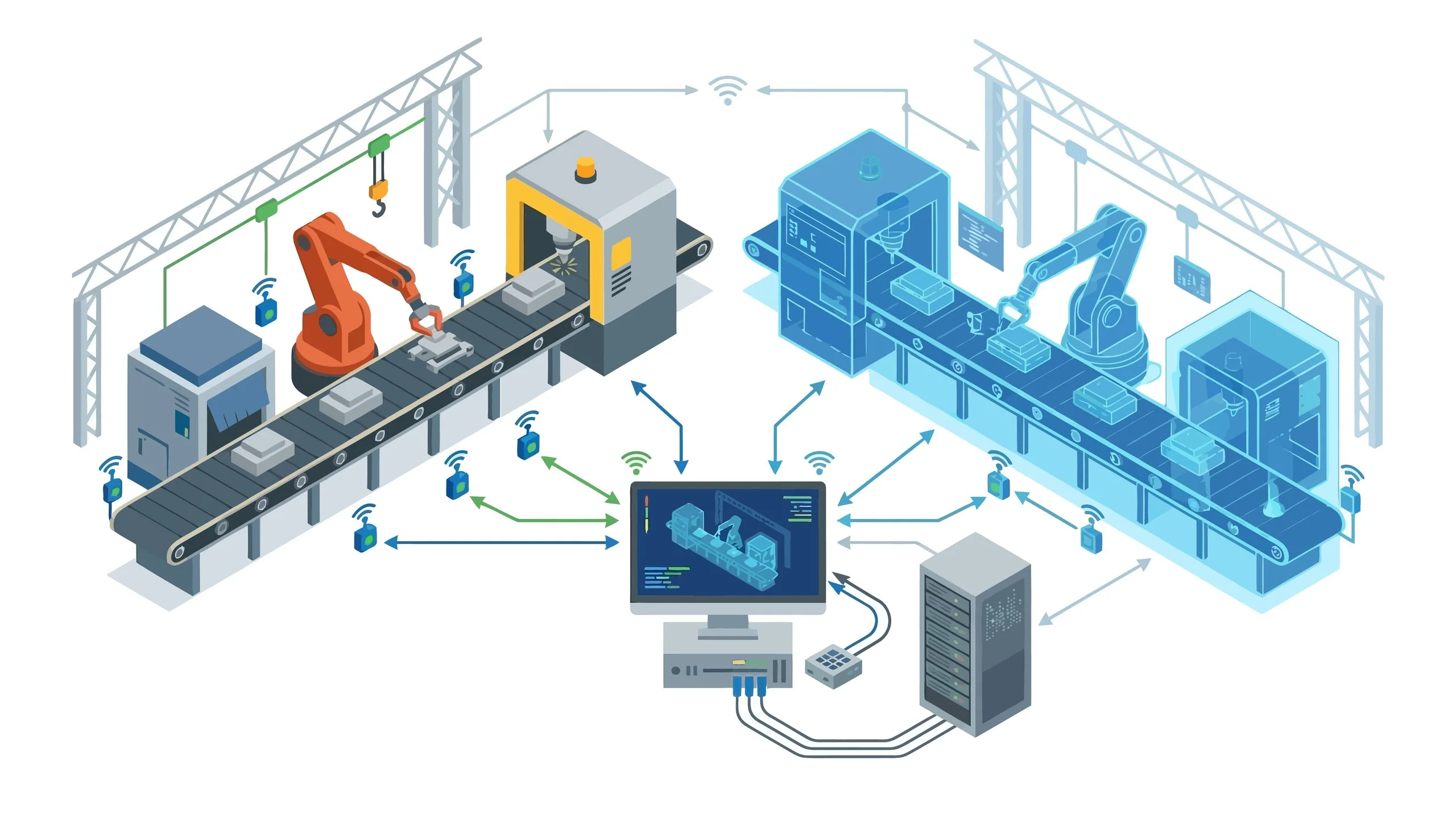 Isometric digital twin manufacturing concept with physical and virtual conveyor lines robotic arms sensors and server - Fictiv Digital twins in automated manufacturing